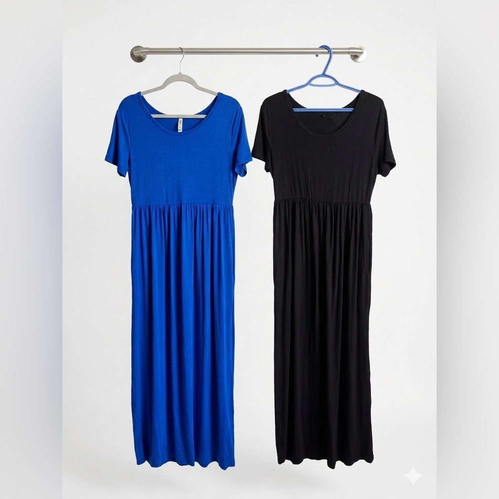 2-Piece Tall-Friendly Maxi Dress Bundle: Royal Blue & Black with Pockets Size L